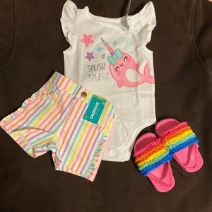 bodysuit and shorts with sandals